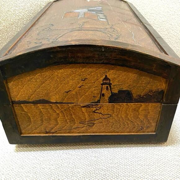 Handmade Wood‎ Handpainted Folk art Box Signed Barn Bird Rural scene Jewelry Box - Picture 5 of 10